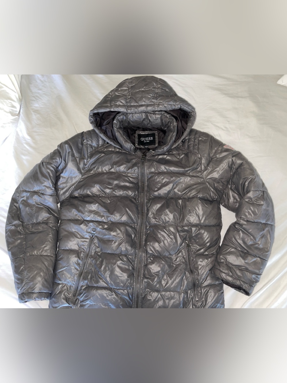 Guess Shiny Gray Quilted Hooded Puffer Jacket